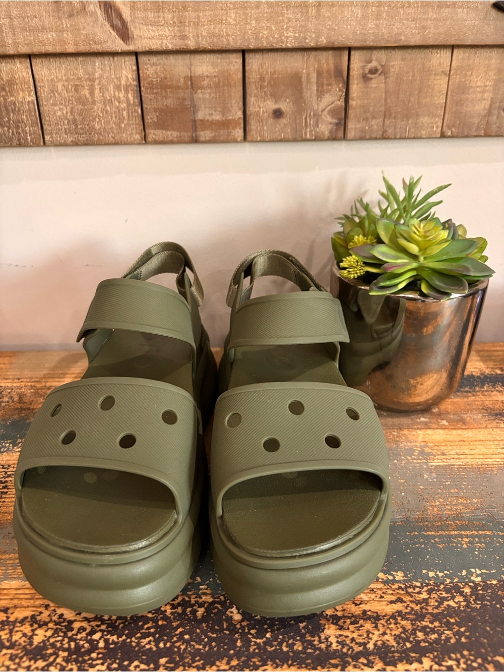 CROCS Army Green Platform Soho Y-Strap Sandals